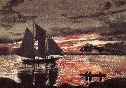 Winslow Homer Fiery red sunset scene painting